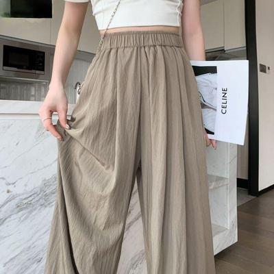 Ice Silk Women's High-Waist Pleated Wide-Leg Pants for Spring, Summer, and Autumn.
