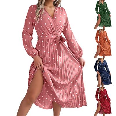 Women's Fashionable Elegant Polka Dot Printed Cross V Neck Long Sleeved Tie Pleated Long Dress