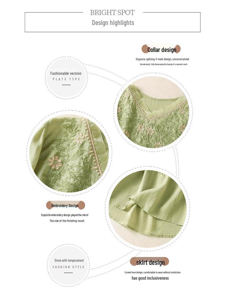 2025 Women's Summer Cotton Linen Embroidered V-Neck Loose Retro Pullover Shirt