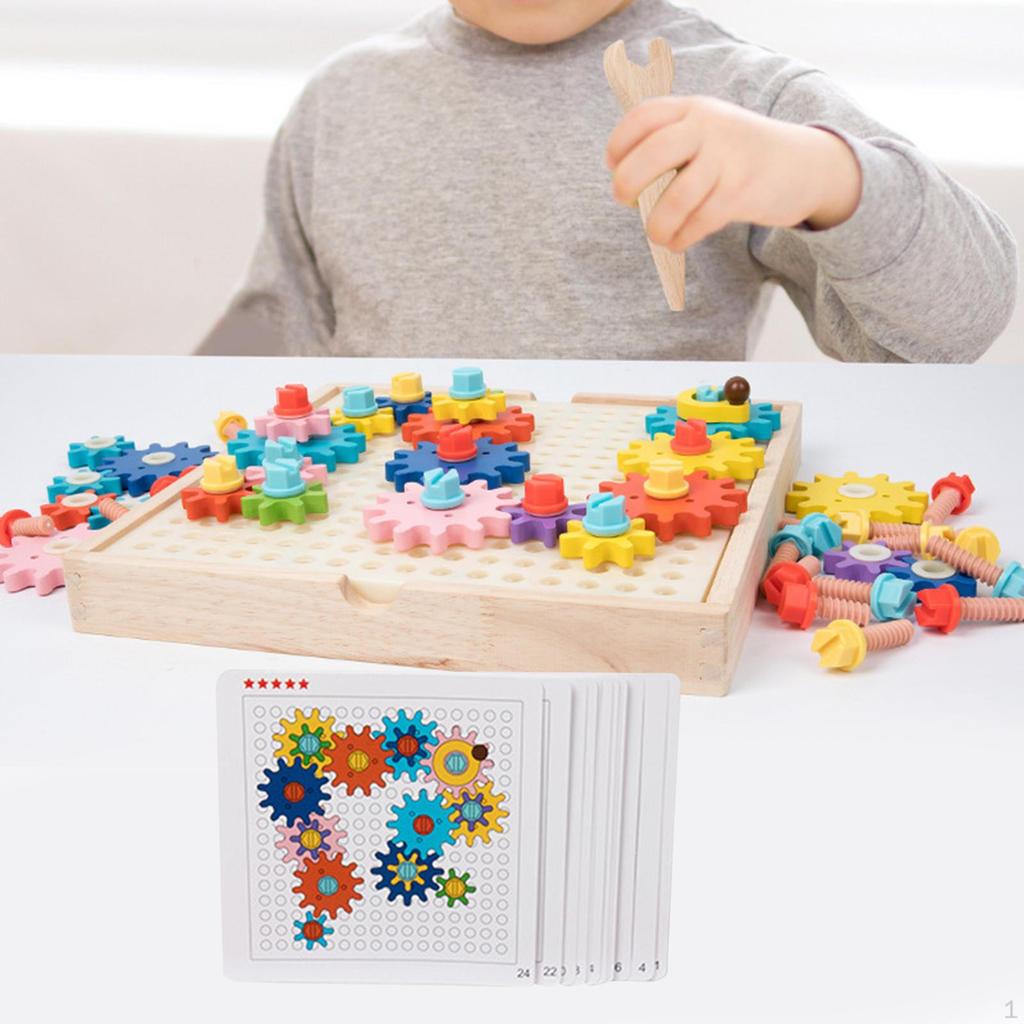 Montessori Gear Game Wooden Toys, Interlocking Set Building Blocks for Kids Valentine's Day
