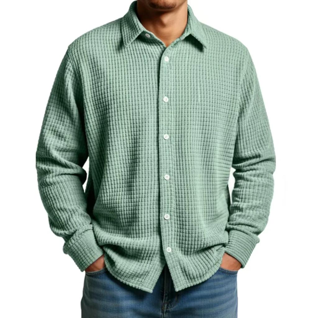 Spring Autumn Chic Men Casual Shirt Fashion Lapel Waffle Solid Color Breathable Loose Long Sleeve Shirts