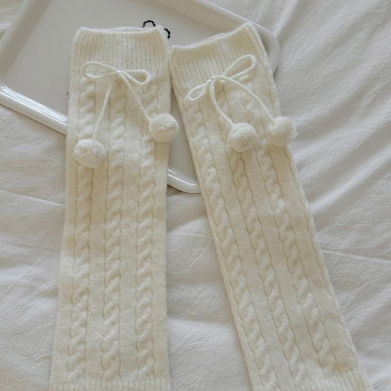 Fashionable Plush Balls Bows Adorned Leg Warmers for Women's Cable Knitted Stretchy Leg Covers Sleeves Calf Socks