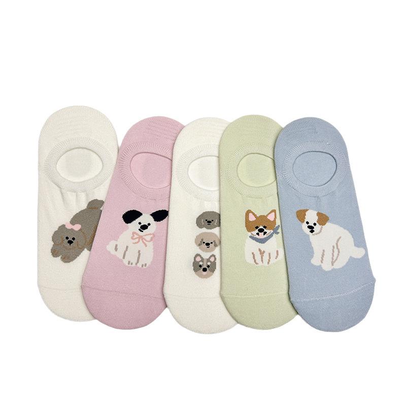 Spring and Summer Thin Boat Socks for Women, Cartoon Animal Silicone Invisible Socks for Dogs, Short, Shallow and Non-falling Heel Women's Socks