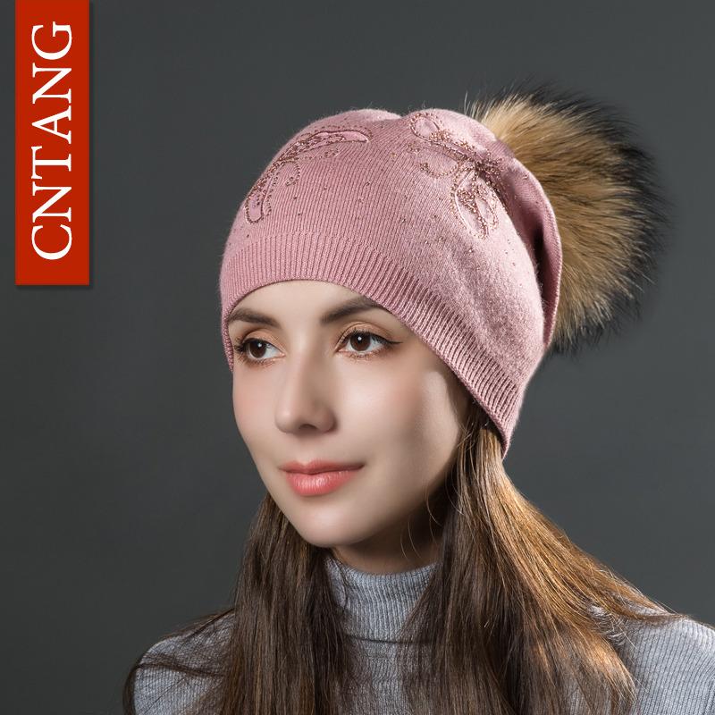 Multiple Styles Women Hat Fashion Pompom Raccoon Fur Cap Winter Knitted Wool Warm Hat Women Butterfly Casual Beanies