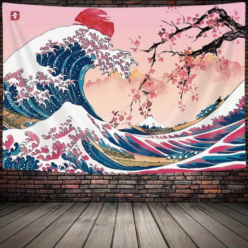 Japanese Great Wave Pink Cherry Blossom Sunset Ukiyo-e Style Tapestry Asian Art Wall DecorBedroom Sofa Background Retro Oriental