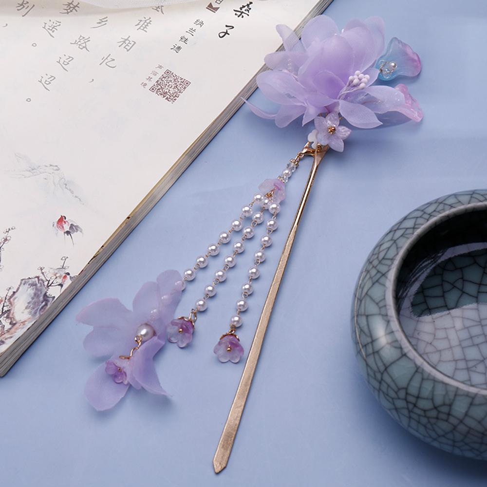 Female Alloy Hairpin With Long Tassel Chinese Hair Stick Blue Petal Headwear Fairy Pearl Cheongsam Decor Haie Bun Jewelry