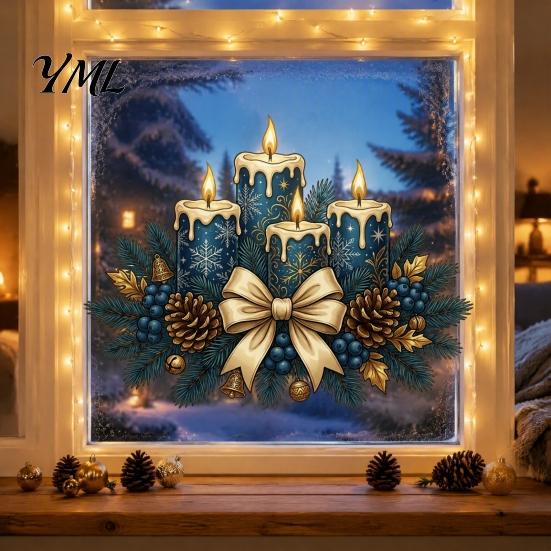 Winter Holiday Glass Stickers Christmas Candle Static Stickers, Removable Window Cling with Bow Pinecone And Pine Decorative Branch Clings Pattern,