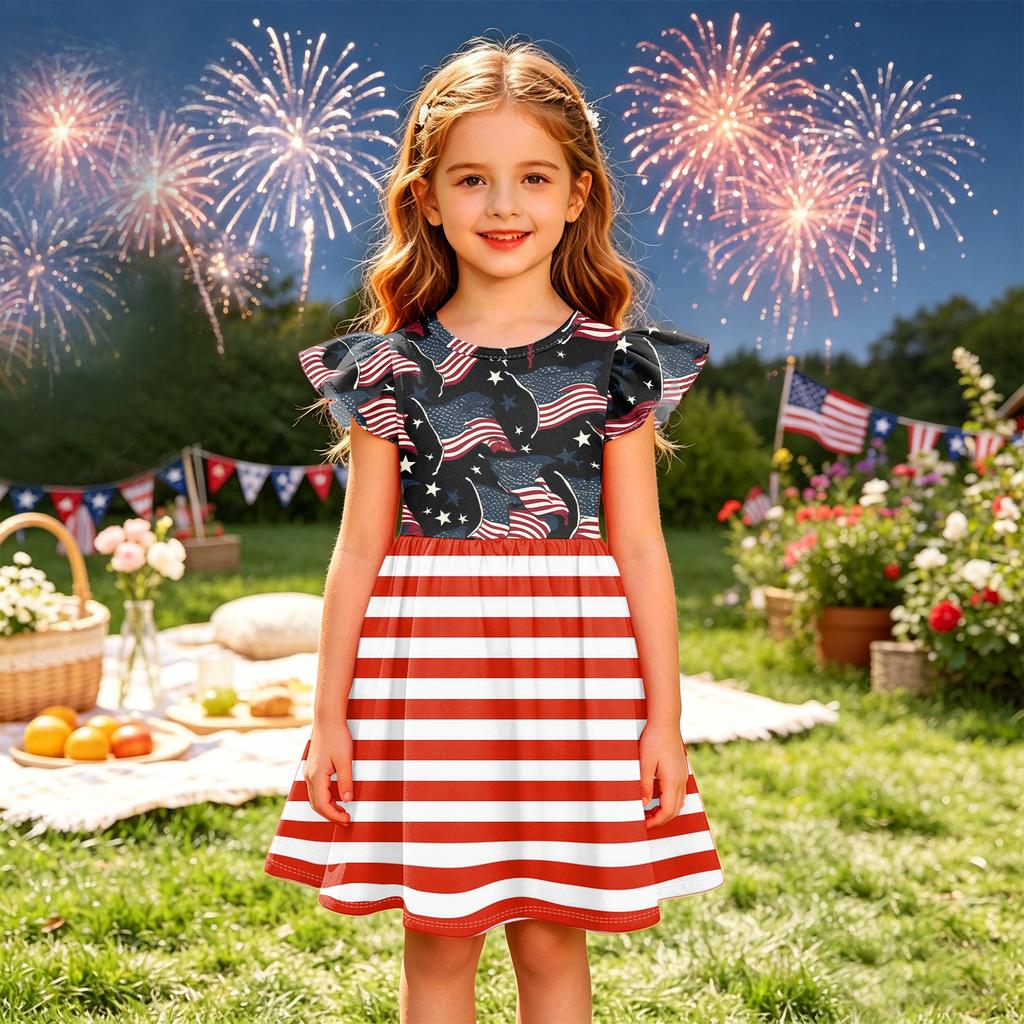 Girls' Summer Princess Dress - A-Line T-Shirt Dress Independence Day