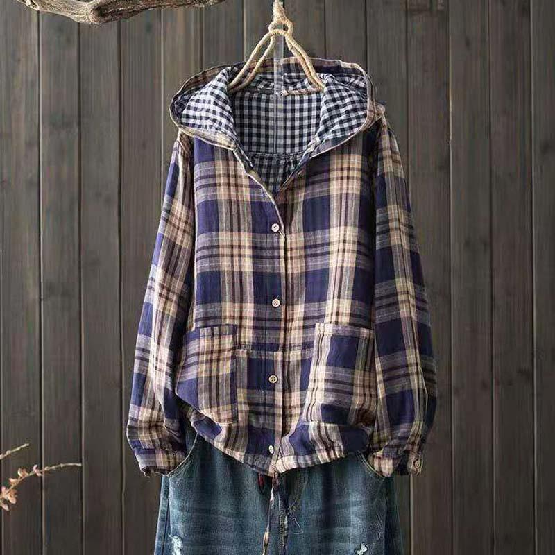 Women's Hooded Double-layer Cotton Yarn Plaid Shirt   Literary Retro Casual Cardigan Top Jacket
