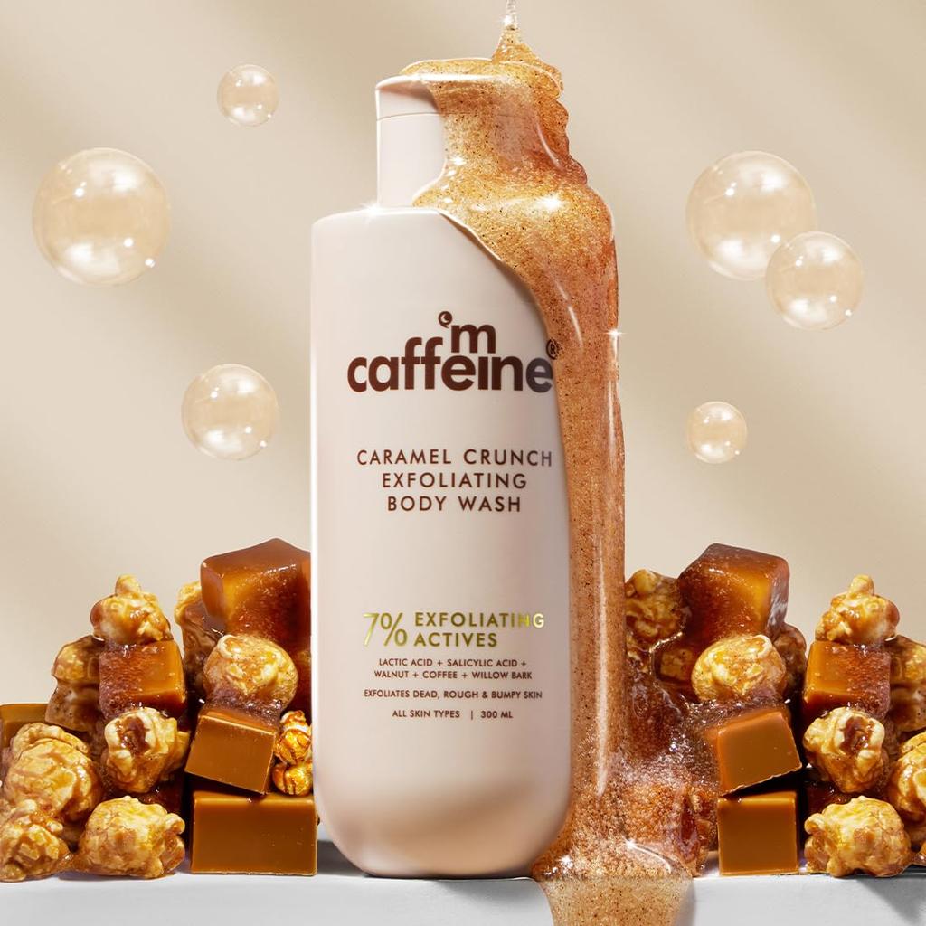 mCaffeine Exfoliating Body Wash 300ml Pack of 1 for Smooth Hydrated Skin with Sweet Caramel Fragrance