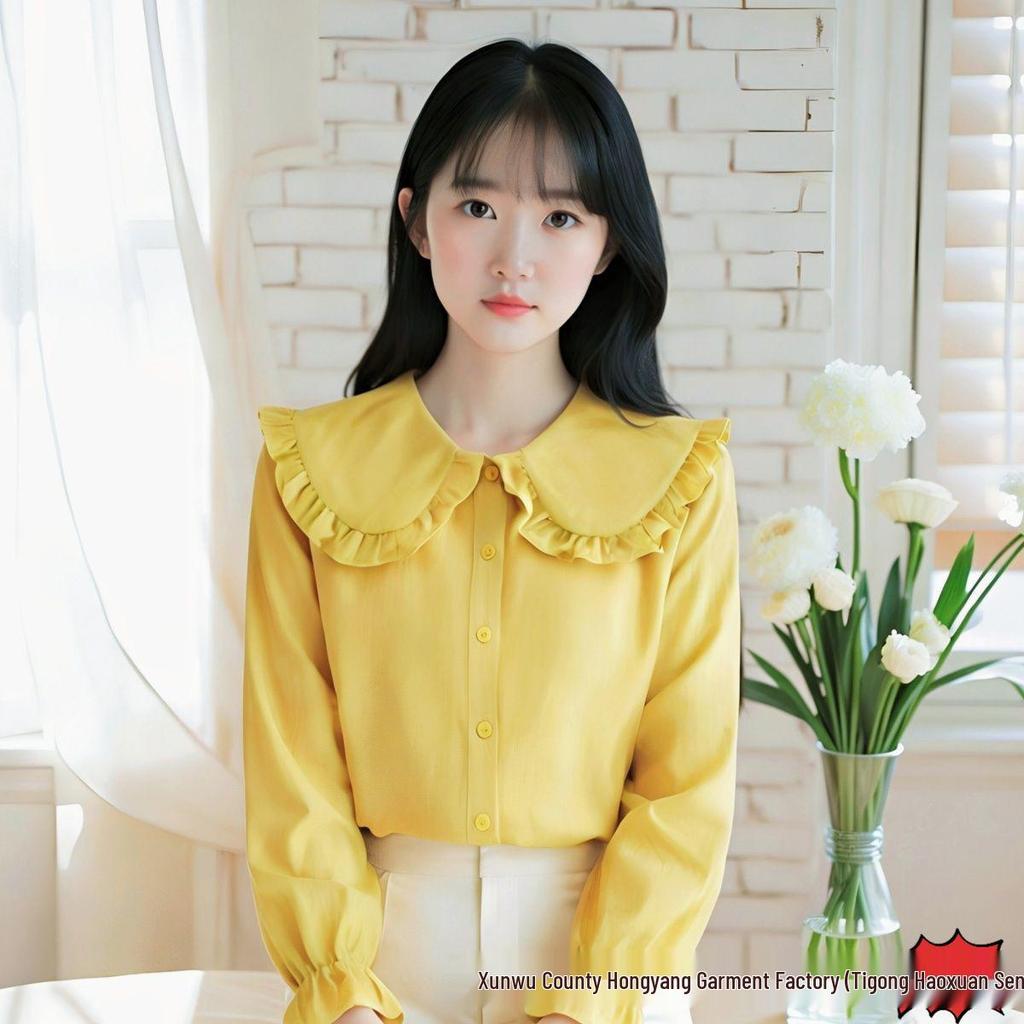 Women's Trendy White Shirt: College-Style Doll Collar, Long Sleeve, Loose Fit for Autumn/Spring