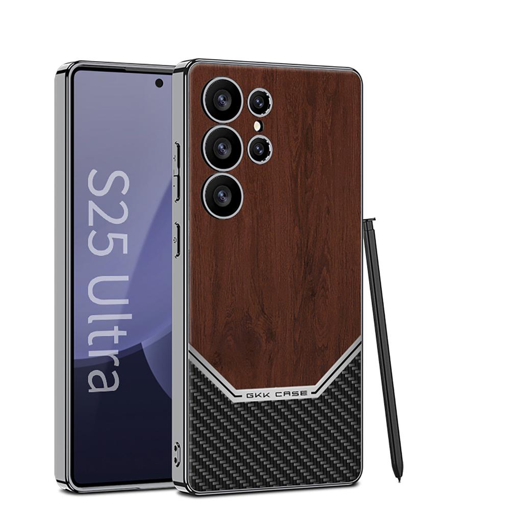 Samsung S25ultra Mobile Phone Case Wood Grain Electroplating Plain Leather S24ultra Fine Hole Full Inclusive Anti Fall Protection Case