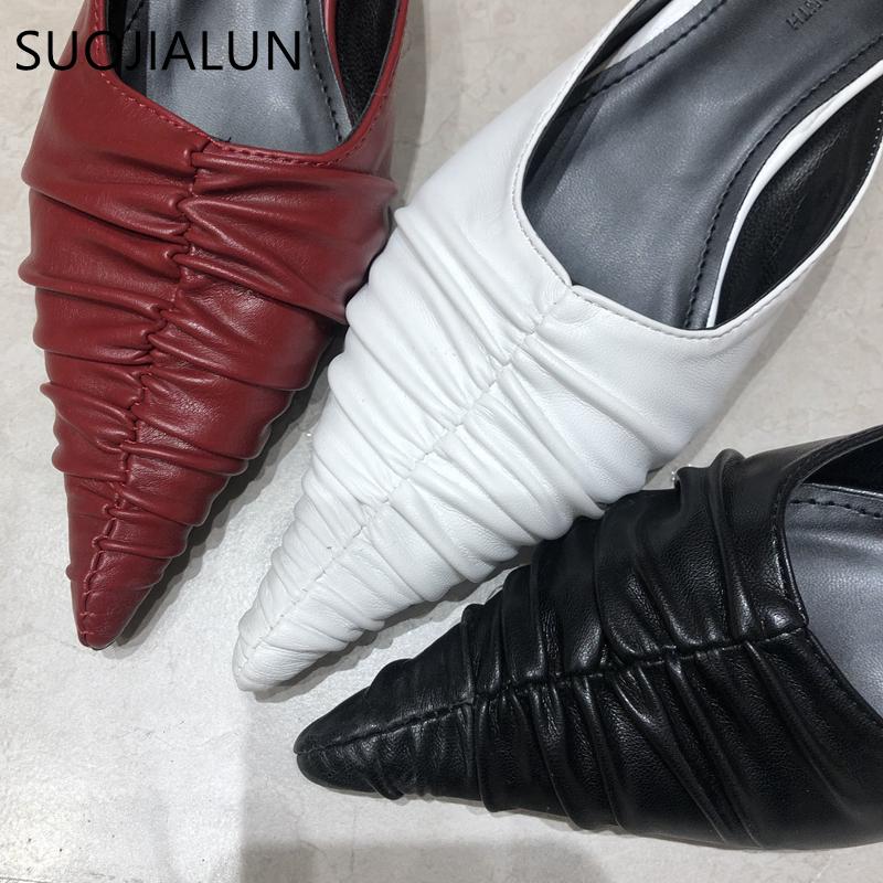 Fashion SUOJIALUN Fashion Brand Women Slipper Pointed Toe Slip On Mules Thin Low Heel Slides Shoes Pleated Design Sandal Flip Flops