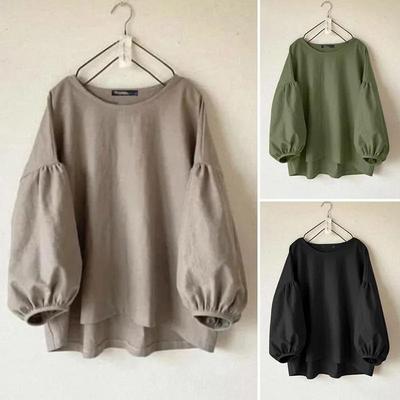 Women's 2025 Spring/Autumn Casual Round Neck Long Sleeve Solid Color Retro Loose Shirt