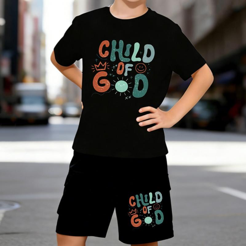 

Boys 2 Piece CHILD OF GOD Letter Printed Outfit, Short Sleeve T-Shirt and Shorts Set for Kids Age 5-14,Black , White Sporty Casual Summer Clothes 5-6 Years чёрный