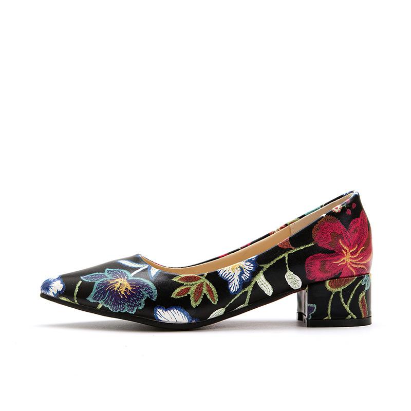Elegant Flower Print Low Heels Shoes Woman Casual Shallow Party Pumps Female Short Heels Designer Loafer Shoes Large Size 45