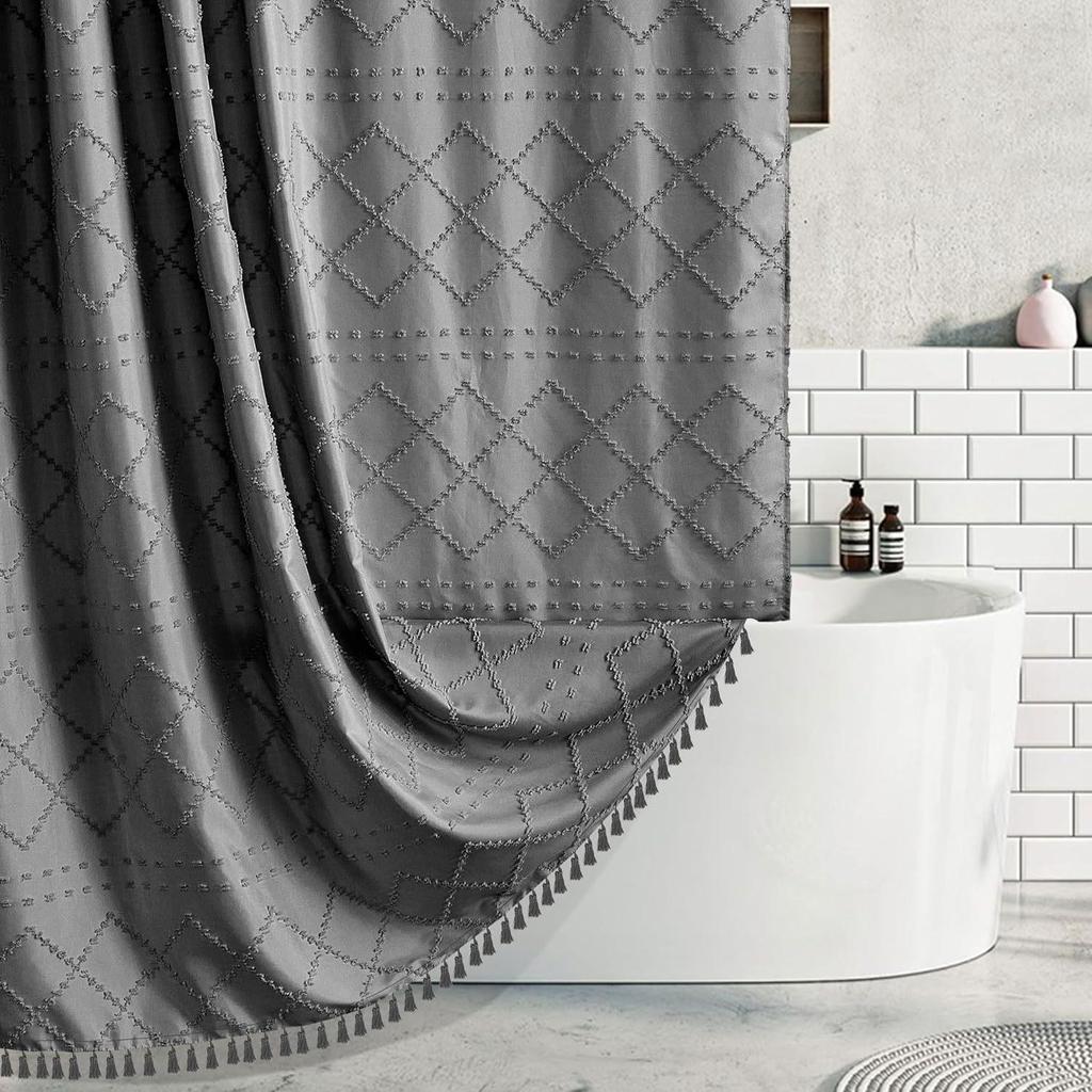 Waterproof Tassel Lace Shower Curtain with Floral Design