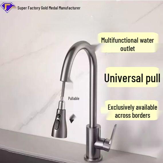 304 Stainless Steel Pull-Out Kitchen Sink Faucet with Hot/Cold Dual-Use, Three-Speed Function.