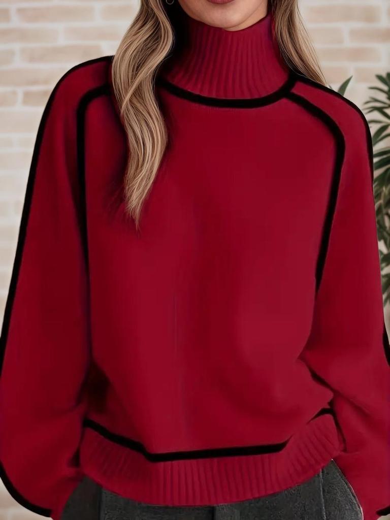 Herbst Winter Rollkragen Gestreifter Strickpullover Damen Lockerer Pullover