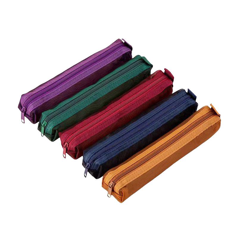 5Pcs Vintage Solid Color Mesh Pencil Case Portable Stationery Storage Pouch School Stationery Supplies Student Gifts