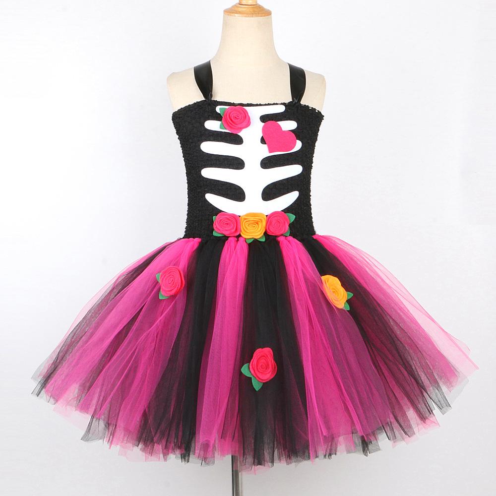 Halloween Kids Dress Cosplay Heart Print Skeleton Costumes Girls Floral Skull Tutu Children Carnival Performance