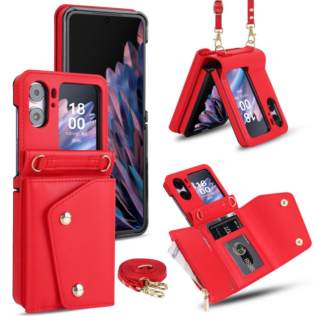 Multi-functional Crossbody Leather Zipper Wallet Cards Solt Case For OPPO Find N2 Flip 5G  Long Rope Lanyard Card Bag RFID Cover