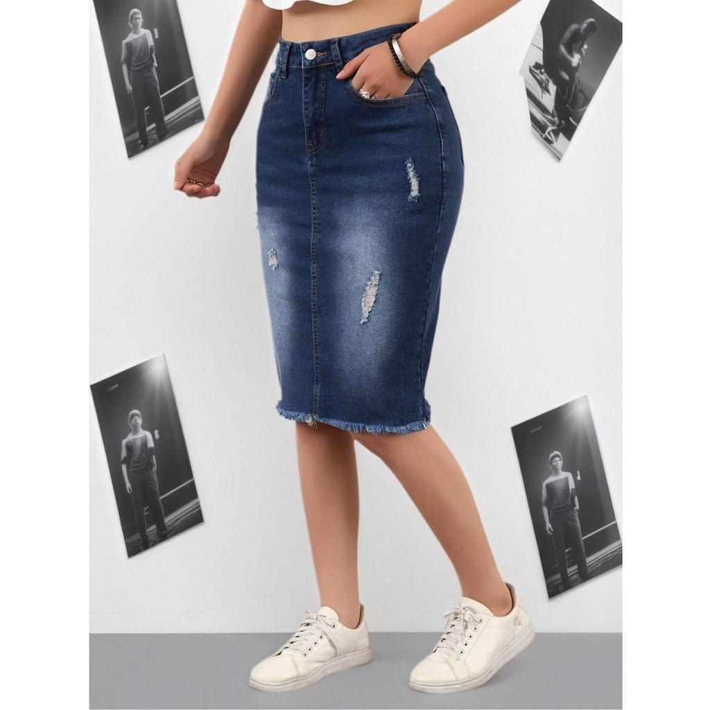Women's Dark Blue Ripped Denim Midi Skirt - Casual, Versatile, Bodycon for Spring, Summer, & Autumn