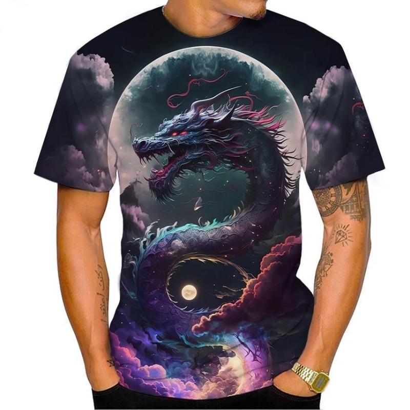 Lato Nowość Męski Top Wzór Drukowany 3D Smok Trend Mody Krótki Rękaw Casual Wygodny Okrągły Dekolt Duży Rozmiar T-shirt