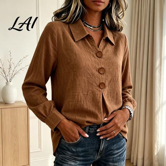 Comfortable Spring Autumn Blouses Women Button Down Shirt Blouse Long Sleeve V Neck Loose Flowy Wrinkle Resistant Moisture Wicking Shirts Breathable