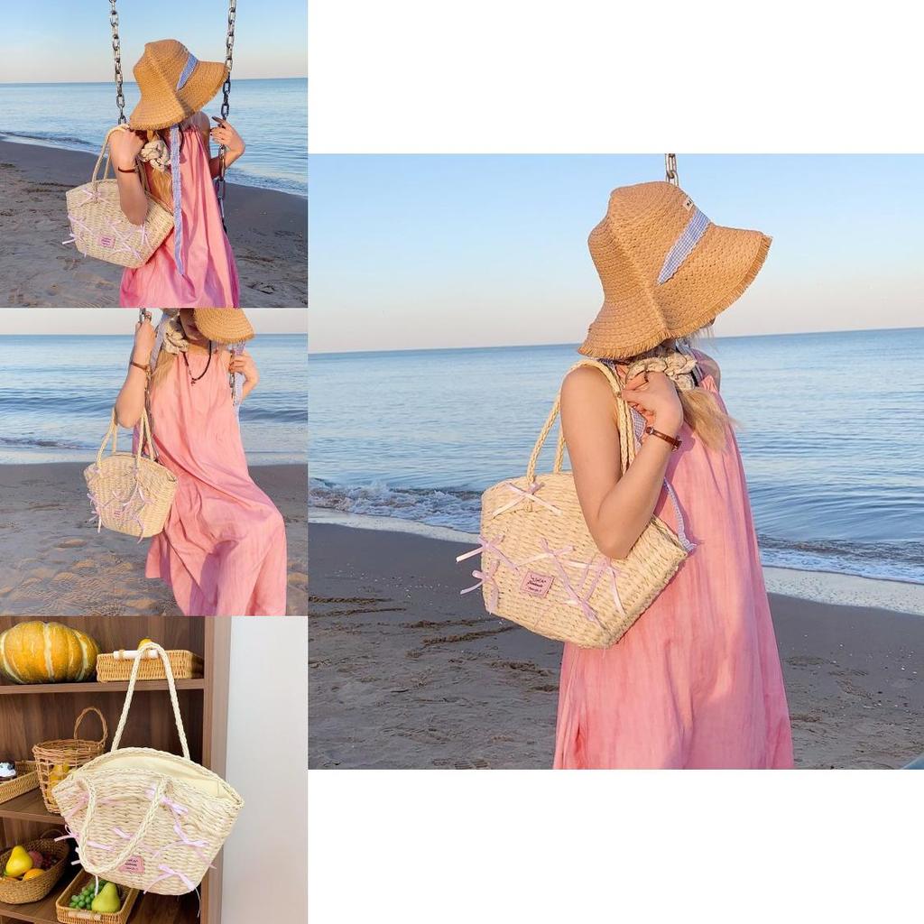 Simple Pink Bow Decoration Women Casual Grass Woven Handbag For Beach And Casual Wear
