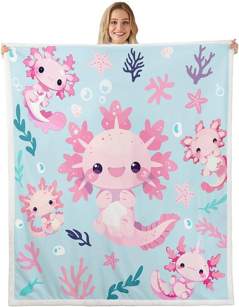 Cute Pink Axolotl Blanket Soft Fleece Throw Cherry Blossom Design Fantasy Art Kids Room Decor