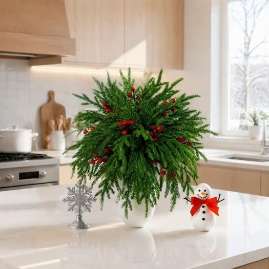 Tabletop Plant Ornaments for Home 20Pcs Christmas Norfolk Pine Picks, Flocked Snow Branches with Lifelike Floral Decor Gift Red Berries, Artificial