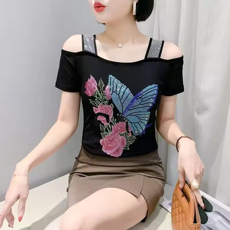 TrendHub Sexy Off Shoulder T Shirt for Women Luxury Flower Diamonds Short Sleeve Tee Summer Fashion Womens Mesh Tee Shirts Top