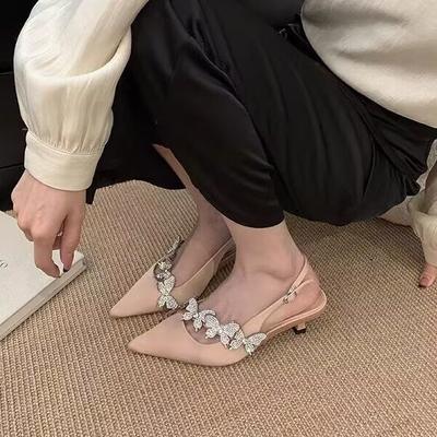 Sandales femmes à talons bas fins strass de luxe léger français automne 2025 nouveau cuir souple pointues stiletto tempérament sac tête