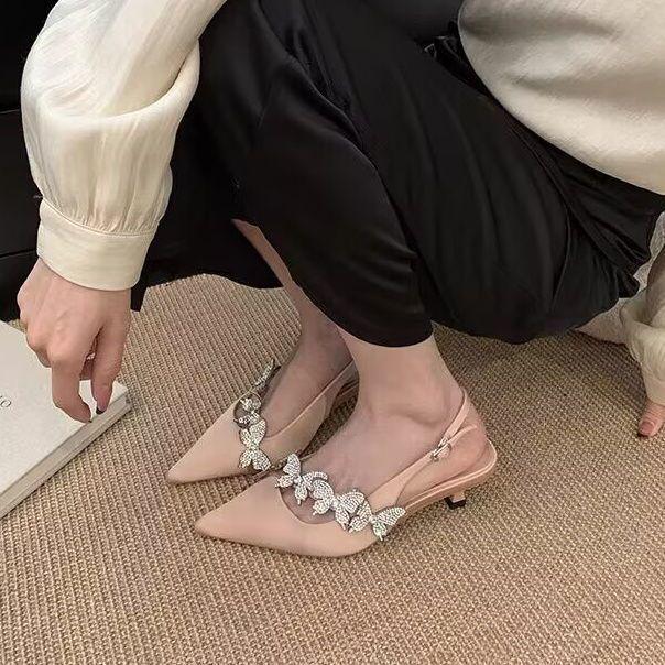 French light luxury rhinestone slim low heels 2025 autumn new soft leather pointed stilettos temperament bag head sandals women