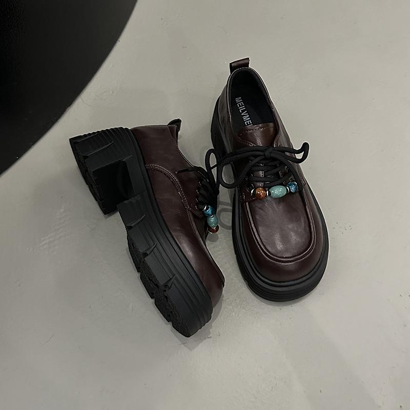 Fashion Retro round-toe beaded small leather shoes 2025 new style versatile British style thick-soled, thick-heeled, lace-up loafers