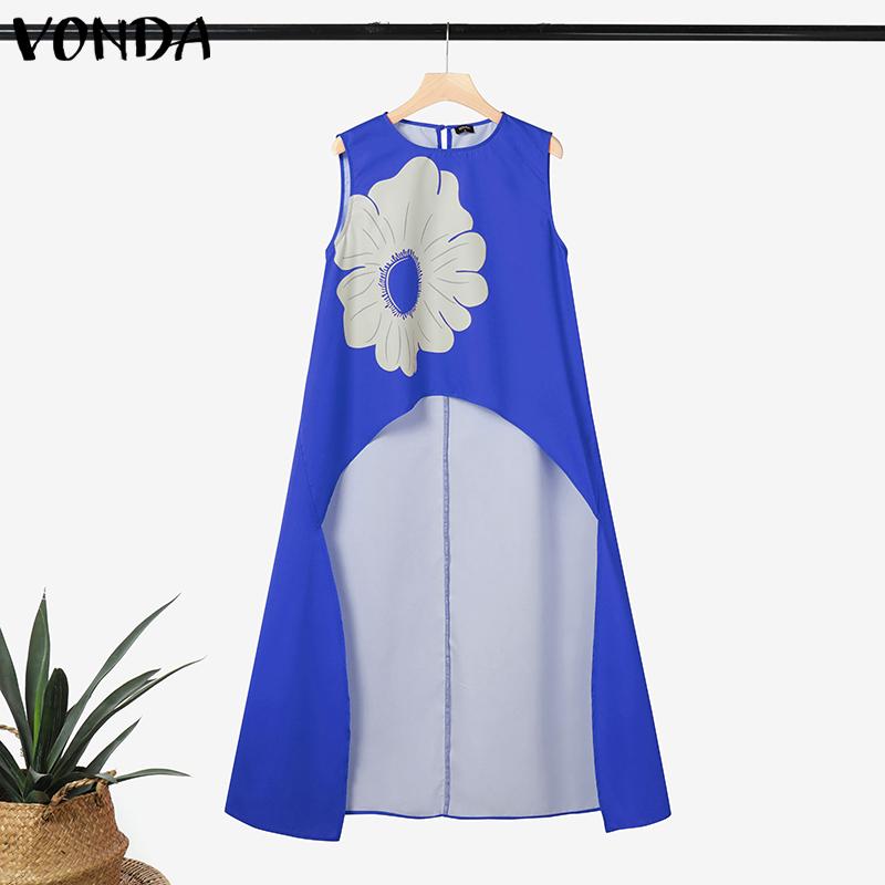 

VONDA Summer Women Sleeveless Floral Print Casual High Low Long Tanks Tops 2XL синий
