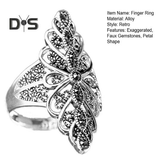 Anello da Dito in Pizzo Retro Esagerato con Pietre Preziose Finte Petalo Fascia da Dito Donna Colore Argento Anello Decorativo Accessori Gioielli
