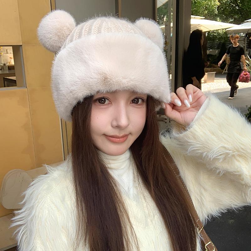 Autumn and winter cute bear ear hat women's face small warm ear protection knitted hat simple wool hat