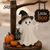 Seasonal Home Landscaping Cute Ghost Figurine with Witch Hat, Resin Halloween Tabletop Decor, Little Retro Spooky Shelf Accents Boo Statue for