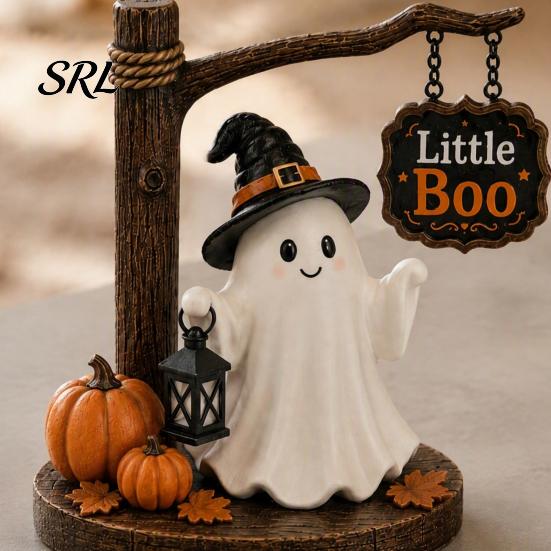 Seasonal Home Landscaping Cute Ghost Figurine with Witch Hat, Resin Halloween Tabletop Decor, Little Retro Spooky Shelf Accents Boo Statue for