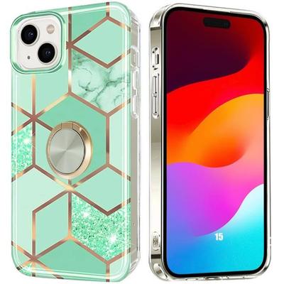 Silicone Case for iPhone 15 Turquoise Color Shockproof with Ring Stand