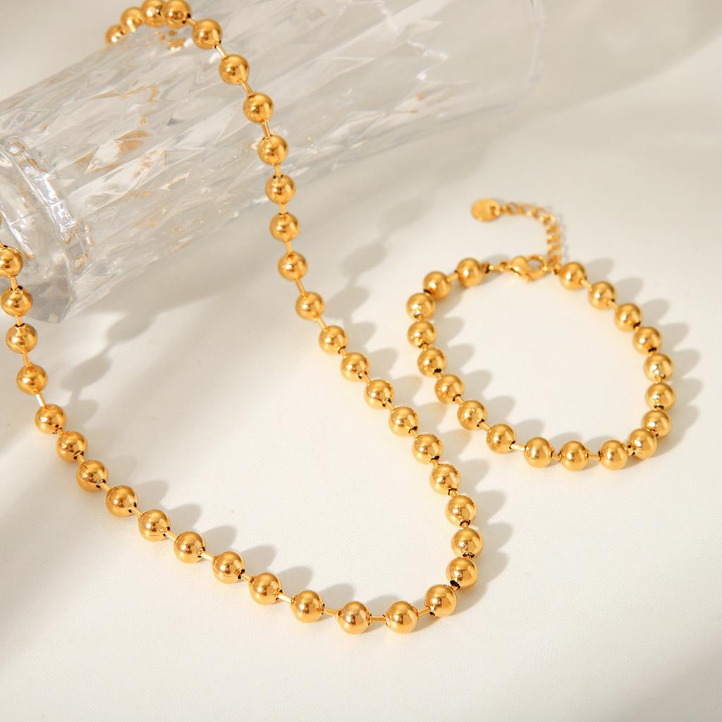 Fashionable minimalist titanium steel round bead chain necklace, unique trendy 18K gold stainless steel bracelet