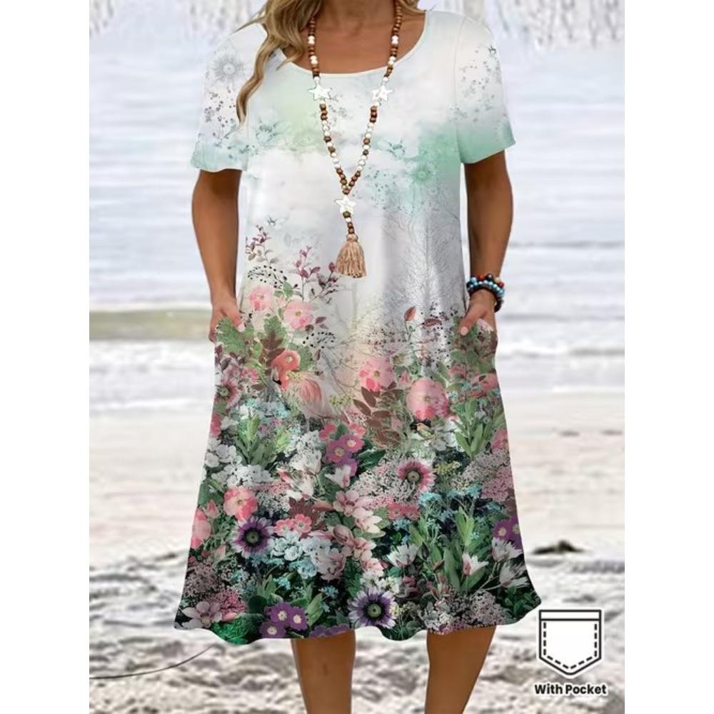 Women's Fashion Graceful Beautiful Simple Pattern Print Summer Spring Short Sleeve O-Neck Casual Dresses