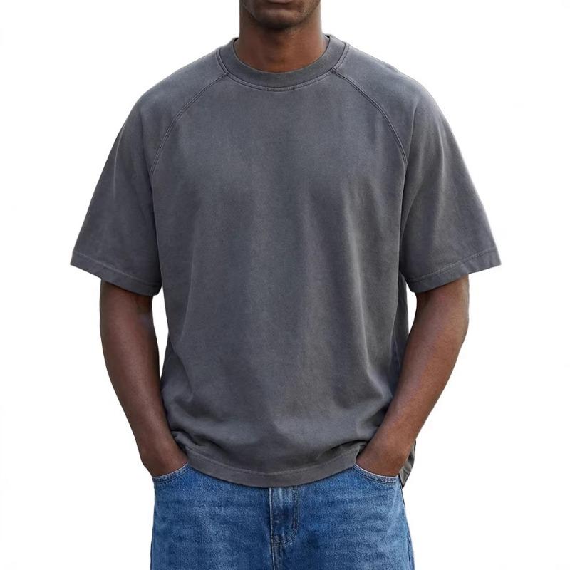 Herren Schwarzes gewaschenes Rundhals-T-Shirt Lockere Passform Kurzarm Lässiges einfarbiges Oberteil