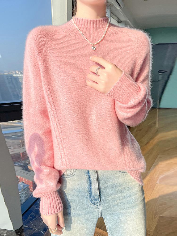 Women's Thick Wool Knitted Sweater, Loose Fit, Half-High Neck, Long-Sleeved, Slimming Base Top