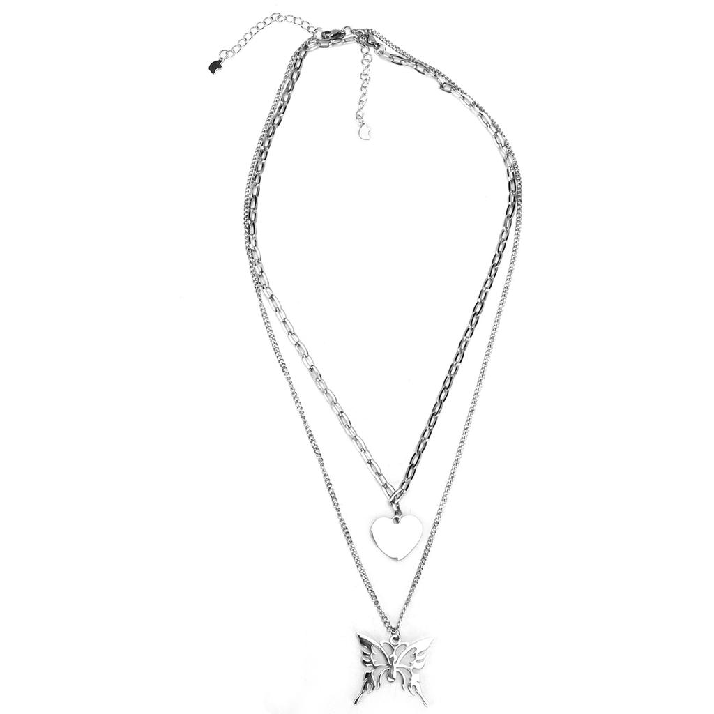 2Pcs Clavicle Necklaces Stainless Steel Hip Hop Style Chains Accessories with Heart Butterfly Pendants