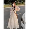 Spring and Autumn New Women's White Beach Dress Waist Pleated Holiday Long Sleeve Chiffon Dress
