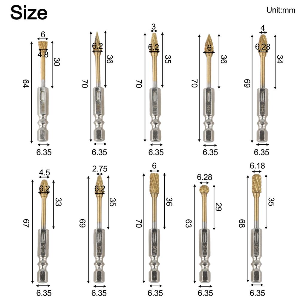 Compact Case Bits Carbide Burr Set 10 Unique Shapes 6.35 Mm Shank Easy Transport Storage Metal Working Accessory