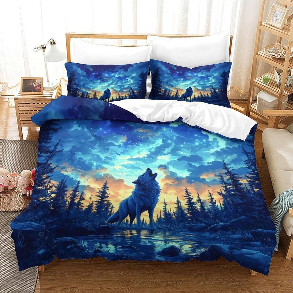 Wolf Duvet Cover Double Microfiber Bedding Set, 3D Print Wolf Duvet Quilt Cover and Pillowcase With Zipper Closure for Kids